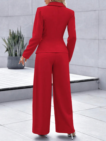 Black Color Lapel Neck Peak Collar Double Button Long Sleeves Asymmetrical Hem Blazer And Wide Leg Pants Two-Piece Set Women's Clothes,Workplace,Commuting,2024 Autumn And Winter Old Money Style