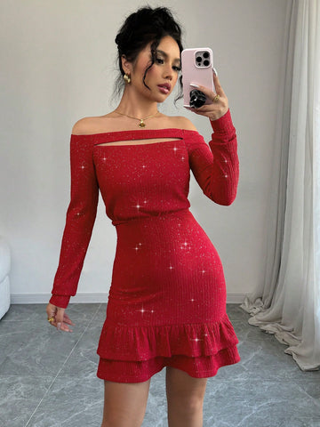 Red Color Sexy Off Shoulder Long Sleeve Front Hollow Ruffle Hem Elegant Bodycon Mini Dress With Flash Textured Fabric,Romantic,Dating,Wedding,Evening Party,Valentine's Day,Autumn And Winter New Women's Clothing
