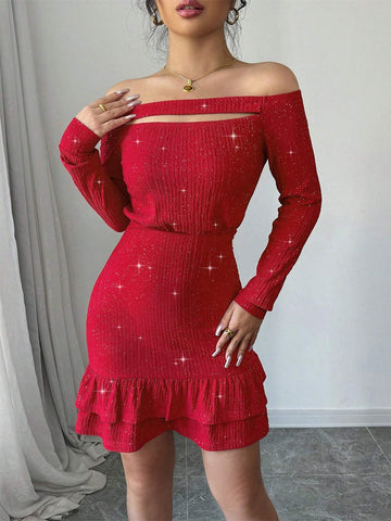 Red Color Sexy Off Shoulder Long Sleeve Front Hollow Ruffle Hem Elegant Bodycon Mini Dress With Flash Textured Fabric,Romantic,Dating,Wedding,Evening Party,Valentine's Day,Autumn And Winter New Women's Clothing