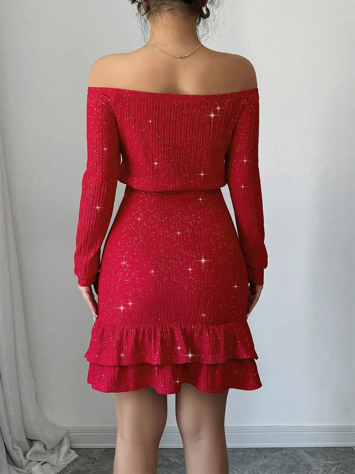 Red Color Sexy Off Shoulder Long Sleeve Front Hollow Ruffle Hem Elegant Bodycon Mini Dress With Flash Textured Fabric,Romantic,Dating,Wedding,Evening Party,Valentine's Day,Autumn And Winter New Women's Clothing