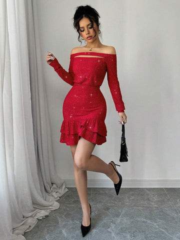 Red Color Sexy Off Shoulder Long Sleeve Front Hollow Ruffle Hem Elegant Bodycon Mini Dress With Flash Textured Fabric,Romantic,Dating,Wedding,Evening Party,Valentine's Day,Autumn And Winter New Women's Clothing