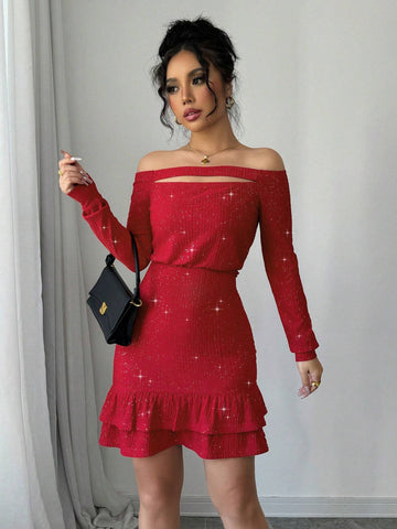 Red Color Sexy Off Shoulder Long Sleeve Front Hollow Ruffle Hem Elegant Bodycon Mini Dress With Flash Textured Fabric,Romantic,Dating,Wedding,Evening Party,Valentine's Day,Autumn And Winter New Women's Clothing