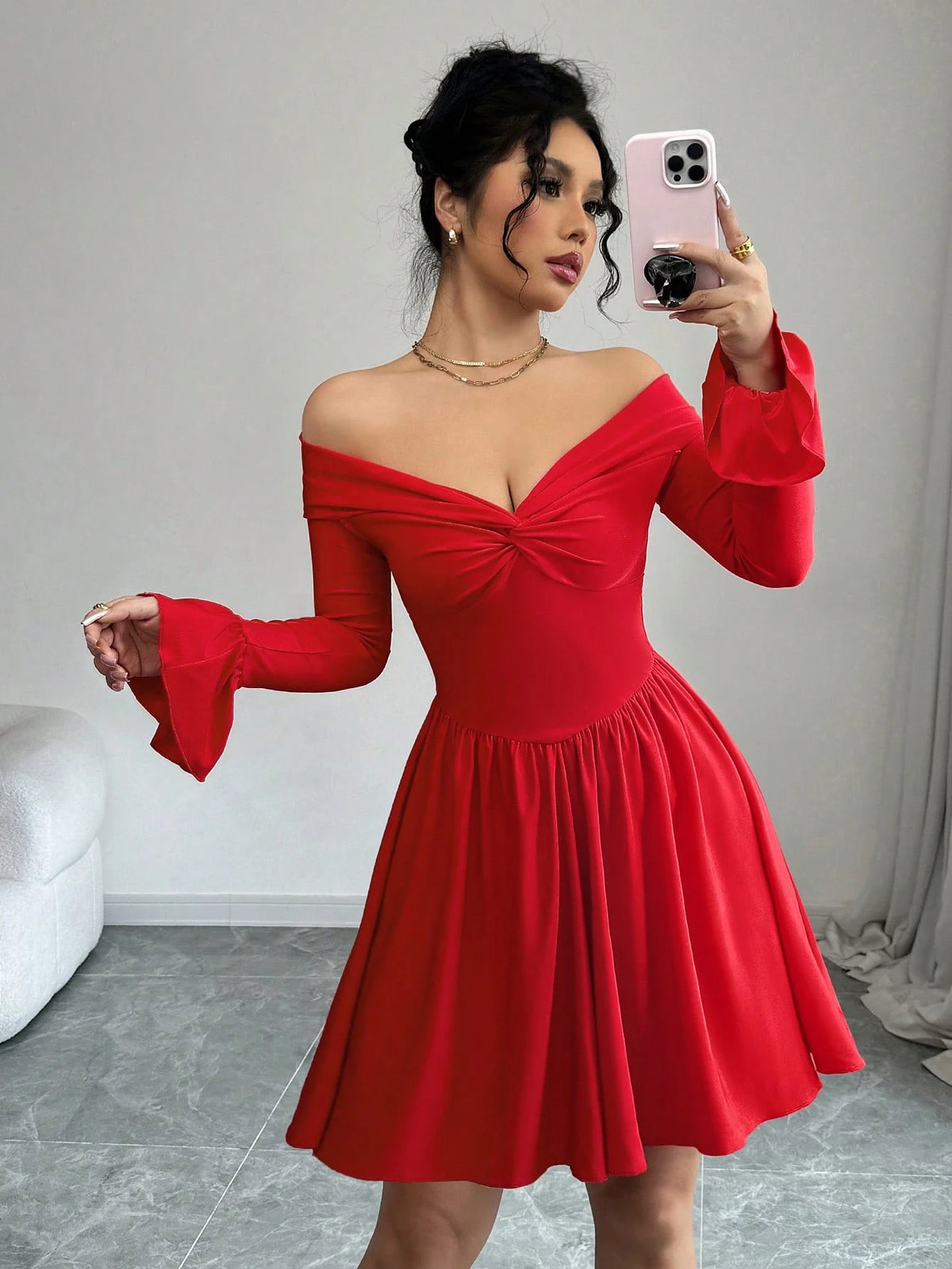Red Color Sexy Twisted Off Shoulder Backless Waist Ruched A-Line Mini Dress With Glitter Detail For Women's Dating Party Cocktail Valentines Day