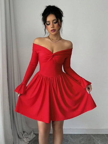 Red Color Sexy Twisted Off Shoulder Backless Waist Ruched A-Line Mini Dress With Glitter Detail For Women's Dating Party Cocktail Valentines Day