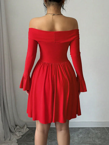 Red Color Sexy Twisted Off Shoulder Backless Waist Ruched A-Line Mini Dress With Glitter Detail For Women's Dating Party Cocktail Valentines Day