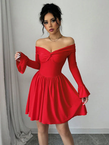 Red Color Sexy Twisted Off Shoulder Backless Waist Ruched A-Line Mini Dress With Glitter Detail For Women's Dating Party Cocktail Valentines Day