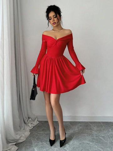 Red Color Sexy Twisted Off Shoulder Backless Waist Ruched A-Line Mini Dress With Glitter Detail For Women's Dating Party Cocktail Valentines Day