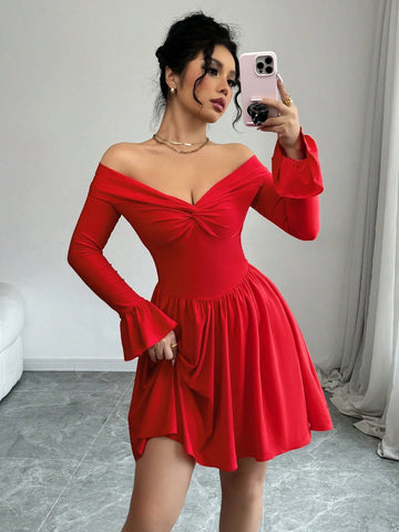 Red Color Sexy Twisted Off Shoulder Backless Waist Ruched A-Line Mini Dress With Glitter Detail For Women's Dating Party Cocktail Valentines Day