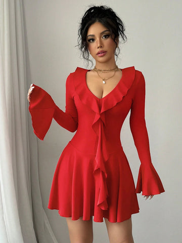 Red Color Sexy V-Neck Front Ruffle Streamer Slim Fit Long Bell Sleeves Ruffle Hem Dress,Dating,Casual,Romantic,Simple,Elegant,Hot Girl,Autumn And Winter New Women's Clothing