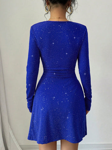 Red Color Square Neck Long Sleeve Slim Fit Waist Detail A-Line Mini Party Dress With Flash Fabric,Dating,Romantic,Simple,Hot Girl,Fashionable,Valentine's Day,Autumn And Winter New Women's Clothing