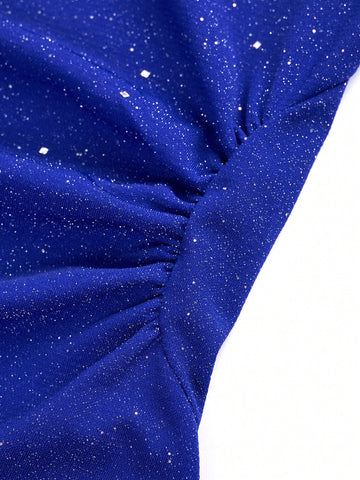 Red Color Square Neck Long Sleeve Slim Fit Waist Detail A-Line Mini Party Dress With Flash Fabric,Dating,Romantic,Simple,Hot Girl,Fashionable,Valentine's Day,Autumn And Winter New Women's Clothing