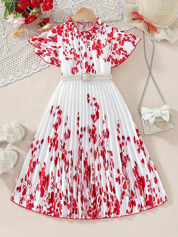 Red Floral Bell Sleeve Dress For Little And Middle Girls