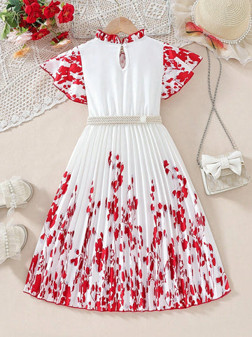 Red Floral Bell Sleeve Dress For Little And Middle Girls