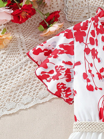 Red Floral Bell Sleeve Dress For Little And Middle Girls