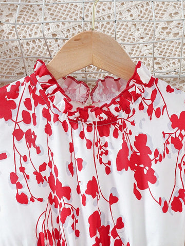 Red Floral Bell Sleeve Dress For Little And Middle Girls