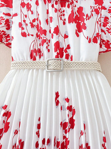 Red Floral Bell Sleeve Dress For Little And Middle Girls