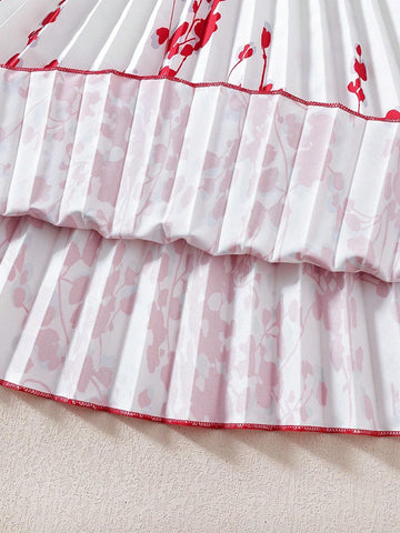 Red Floral Bell Sleeve Dress For Little And Middle Girls