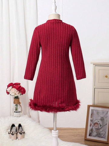 Red Knitted Bodycon Dress For Little Girls. This Dress Is Suitable For Daily Casual Wear, Outdoor Traveling, And Activities During The Autumn And Winter Seasons.
