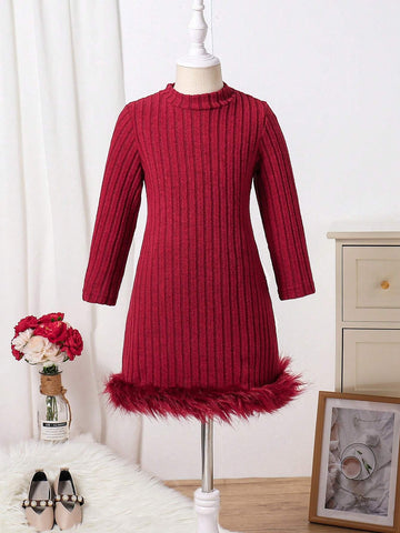Red Knitted Bodycon Dress For Little Girls. This Dress Is Suitable For Daily Casual Wear, Outdoor Traveling, And Activities During The Autumn And Winter Seasons.