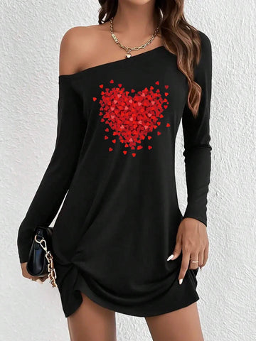Red Love Print, Black Casual Long-Sleeved Dress With Sloping Shoulders, Women's Clothing