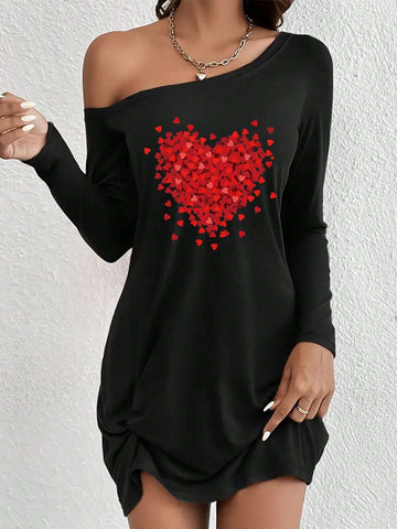 Red Love Print, Black Casual Long-Sleeved Dress With Sloping Shoulders, Women's Clothing