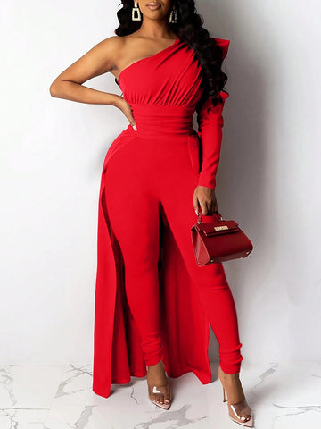 Red One-Shoulder Puff Sleeve Tight Long Floor-Length Jumpsuit
