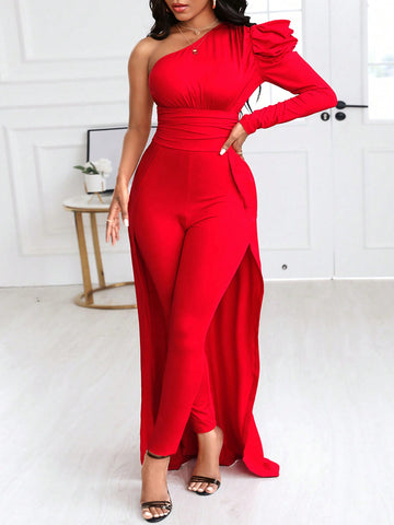 Red One-Shoulder Puff Sleeve Tight Long Floor-Length Jumpsuit