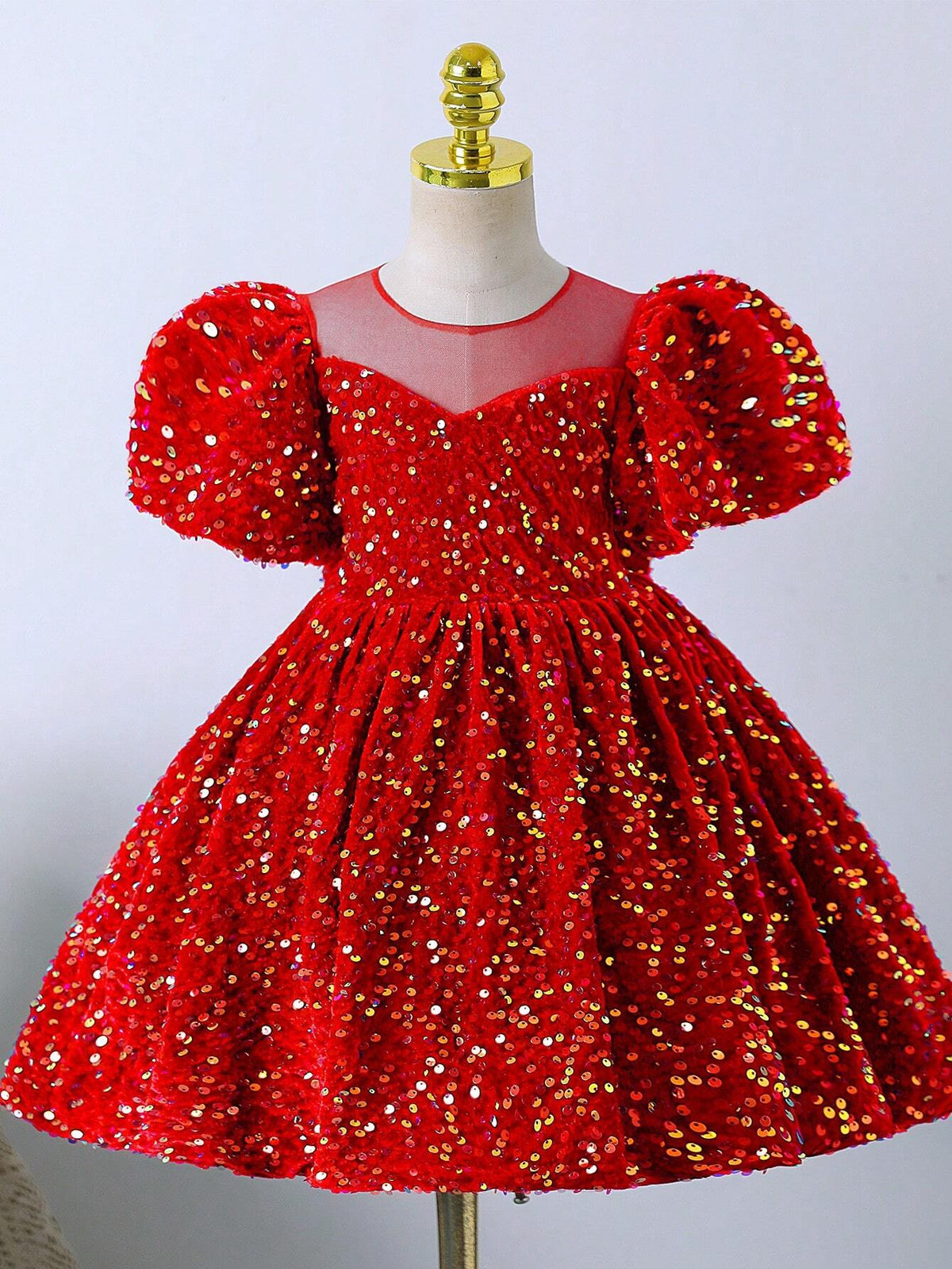 Red Sequin Children's Dress Girl Princess Dress Birthday One Year Old Young Girl Catwalk Host Piano Performance Costume, Christmas Party