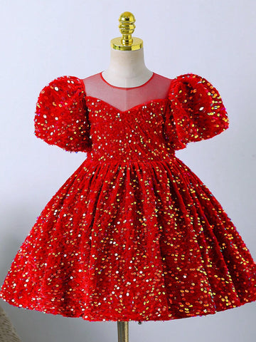 Red Sequin Children's Dress Girl Princess Dress Birthday One Year Old Young Girl Catwalk Host Piano Performance Costume, Christmas Party