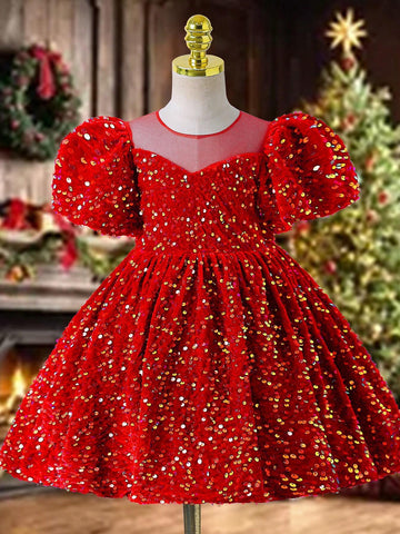 Red Sequin Children's Dress Girl Princess Dress Birthday One Year Old Young Girl Catwalk Host Piano Performance Costume, Christmas Party