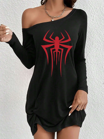 Red Spider Print, Black Casual Long-Sleeved Dress With Sloping Shoulders, Women's Wear