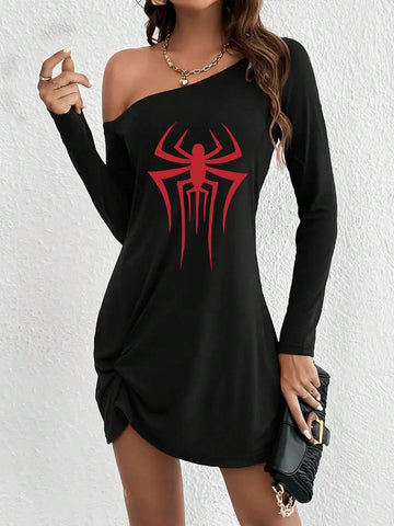 Red Spider Print, Black Casual Long-Sleeved Dress With Sloping Shoulders, Women's Wear