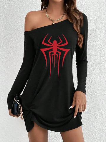 Red Spider Print, Black Casual Long-Sleeved Dress With Sloping Shoulders, Women's Wear