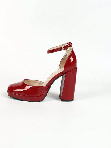 Red Square Toe Mary Jane Waterproof Platform Chunky High Heel Shoes With Rhinestone Buckle, Hollow Out Design, Thick Sole For Fashionable And Sexy Look
