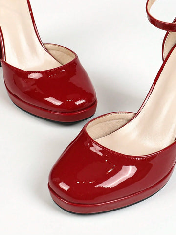 Red Square Toe Mary Jane Waterproof Platform Chunky High Heel Shoes With Rhinestone Buckle, Hollow Out Design, Thick Sole For Fashionable And Sexy Look