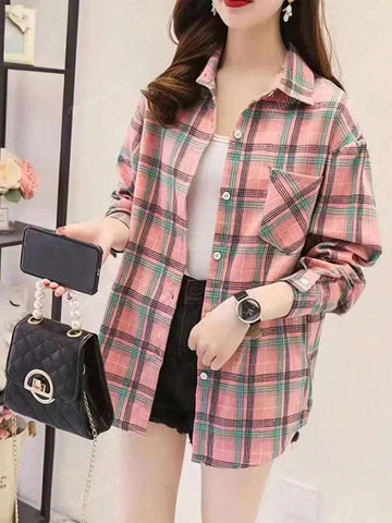 Regular Women's Casual Long Sleeve Pink Plaid Fashion Shirt