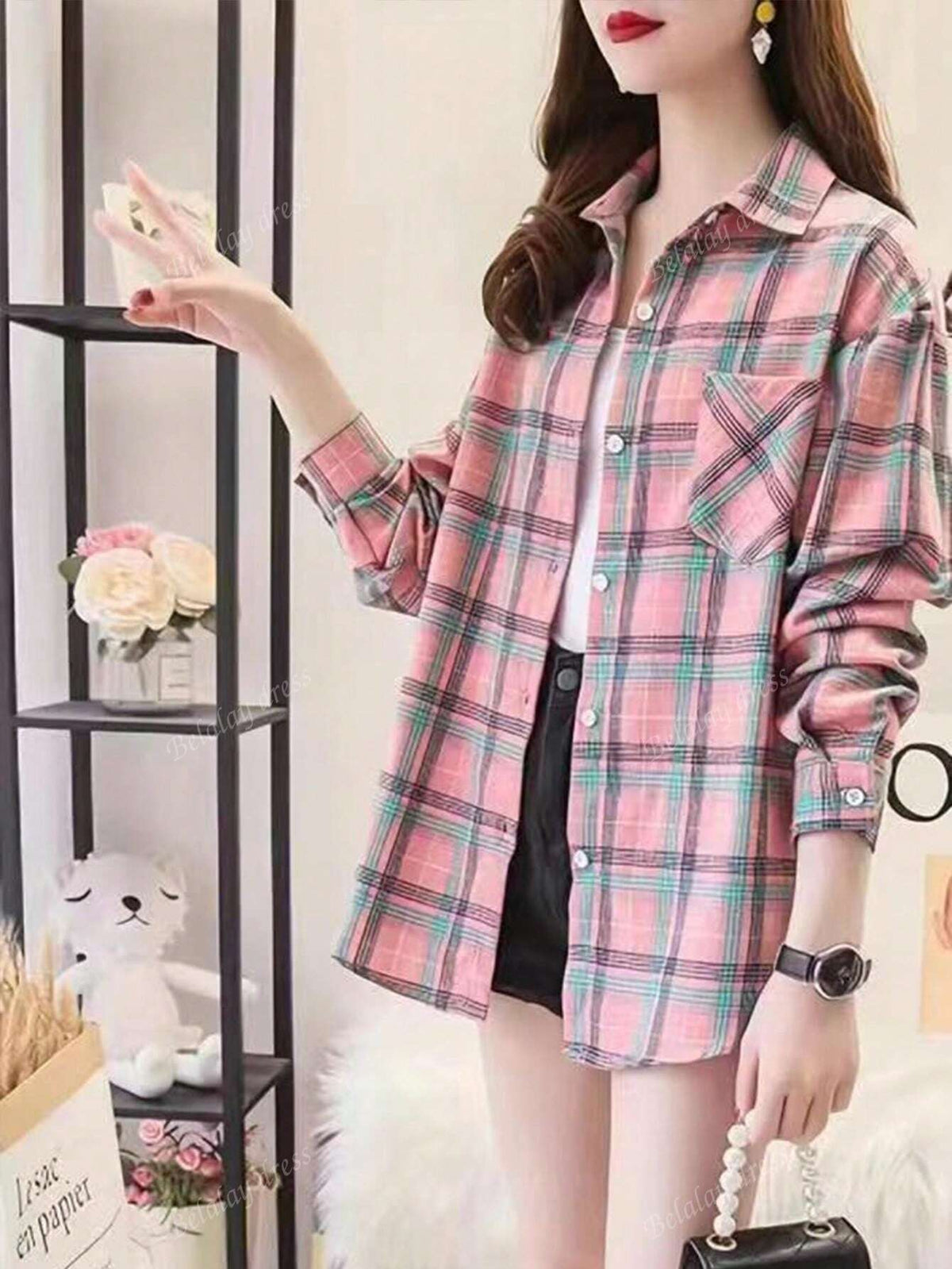 Regular Women's Casual Long Sleeve Pink Plaid Fashion Shirt