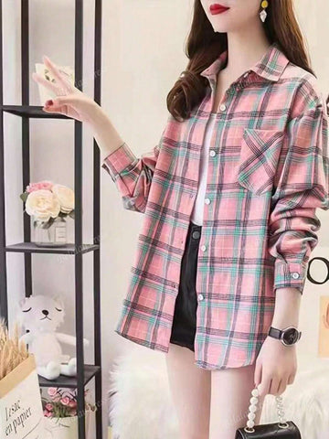 Regular Women's Casual Long Sleeve Pink Plaid Fashion Shirt