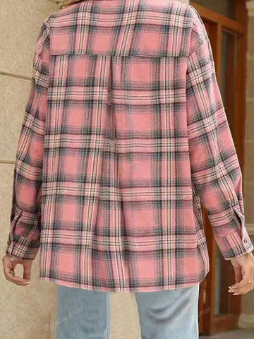 Regular Women's Casual Long Sleeve Pink Plaid Fashion Shirt