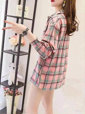 Regular Women's Casual Long Sleeve Pink Plaid Fashion Shirt