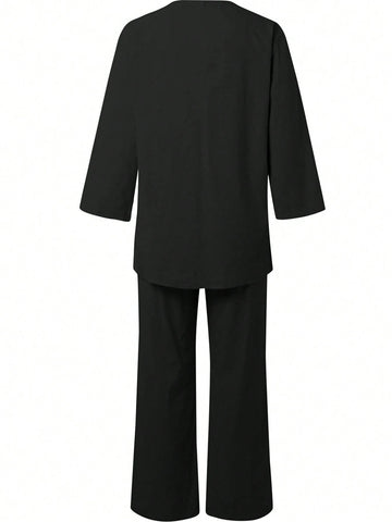 Regular Women's Long Sleeve Loose Black Minimalistic 2-Piece Set