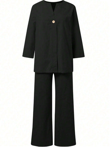 Regular Women's Long Sleeve Loose Black Minimalistic 2-Piece Set