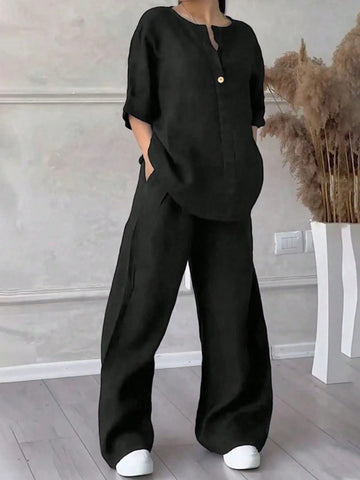 Regular Women's Long Sleeve Loose Black Minimalistic 2-Piece Set