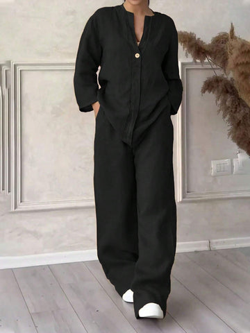 Regular Women's Long Sleeve Loose Black Minimalistic 2-Piece Set