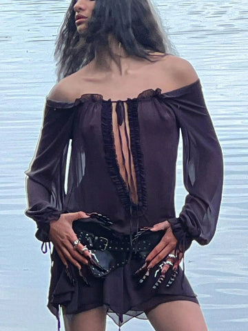 Relaxed Fit Lavender Ruffle Trim Deep U-Neck Asymmetric Hemline Long Sleeve Mini Dress
