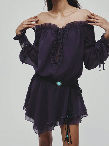 Relaxed Fit Lavender Ruffle Trim Deep U-Neck Asymmetric Hemline Long Sleeve Mini Dress