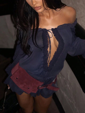 Relaxed Fit Lavender Ruffle Trim Deep U-Neck Asymmetric Hemline Long Sleeve Mini Dress