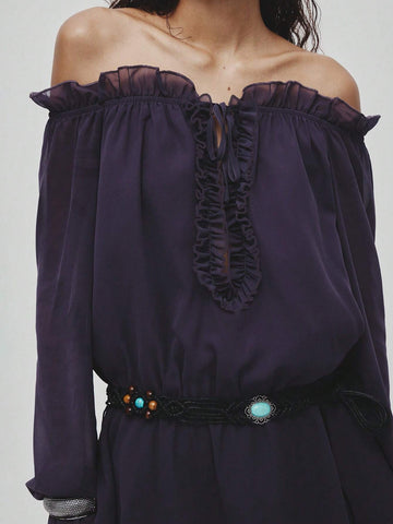 Relaxed Fit Lavender Ruffle Trim Deep U-Neck Asymmetric Hemline Long Sleeve Mini Dress