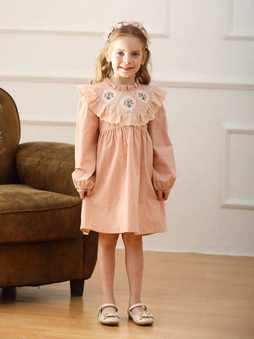 Retro Floral Embroidered Stand Collar Girls Dress, Nature Style