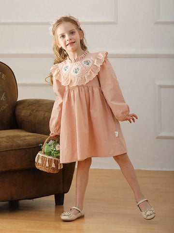 Retro Floral Embroidered Stand Collar Girls Dress, Nature Style